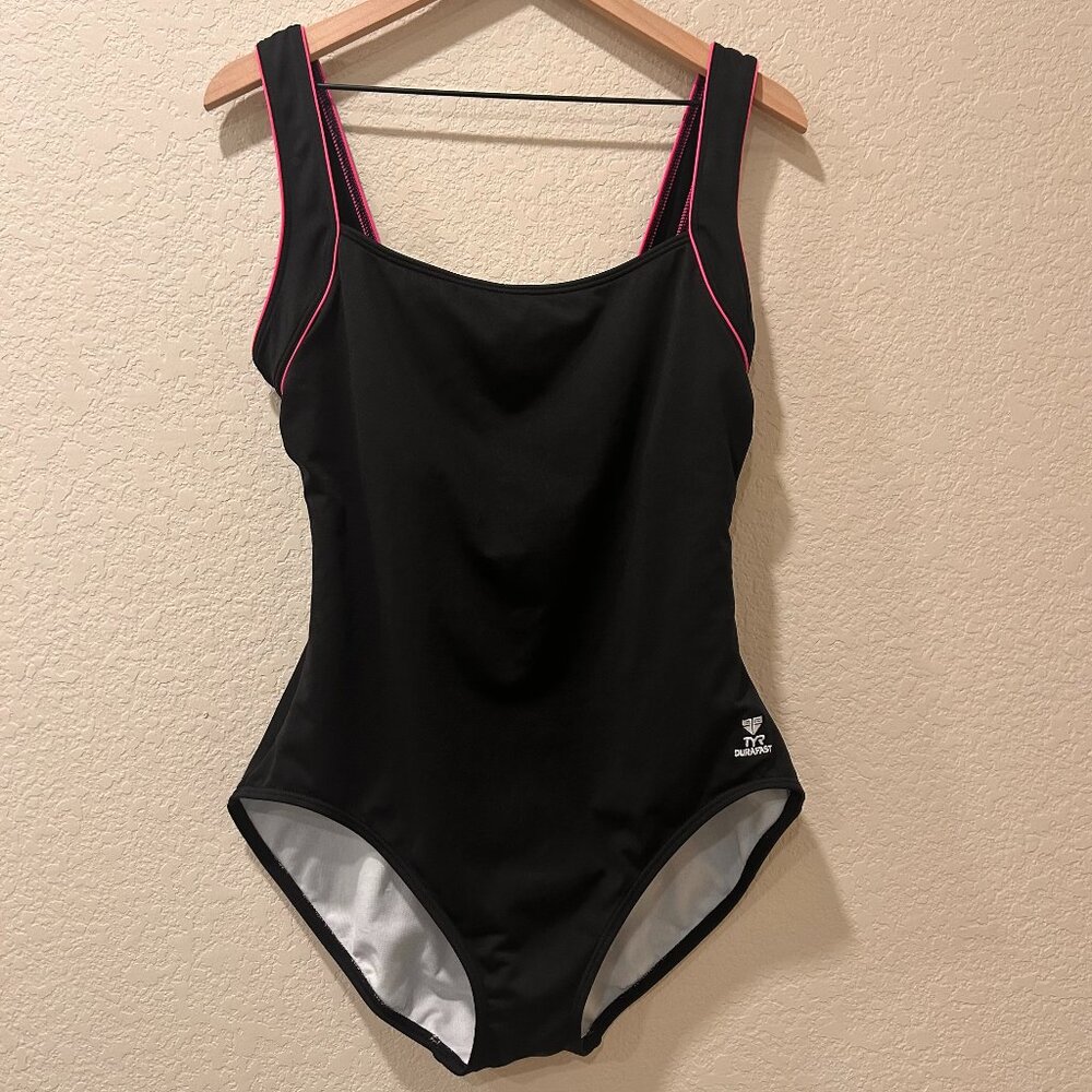 TYR Women's Square Neck Control Fit One Piece Swimsuit Black Pink Size 16